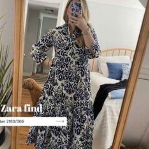 Zara Navy White Damask Print A-Line Midi Shirt
Dress size small-i8 - Picture 7 of 7